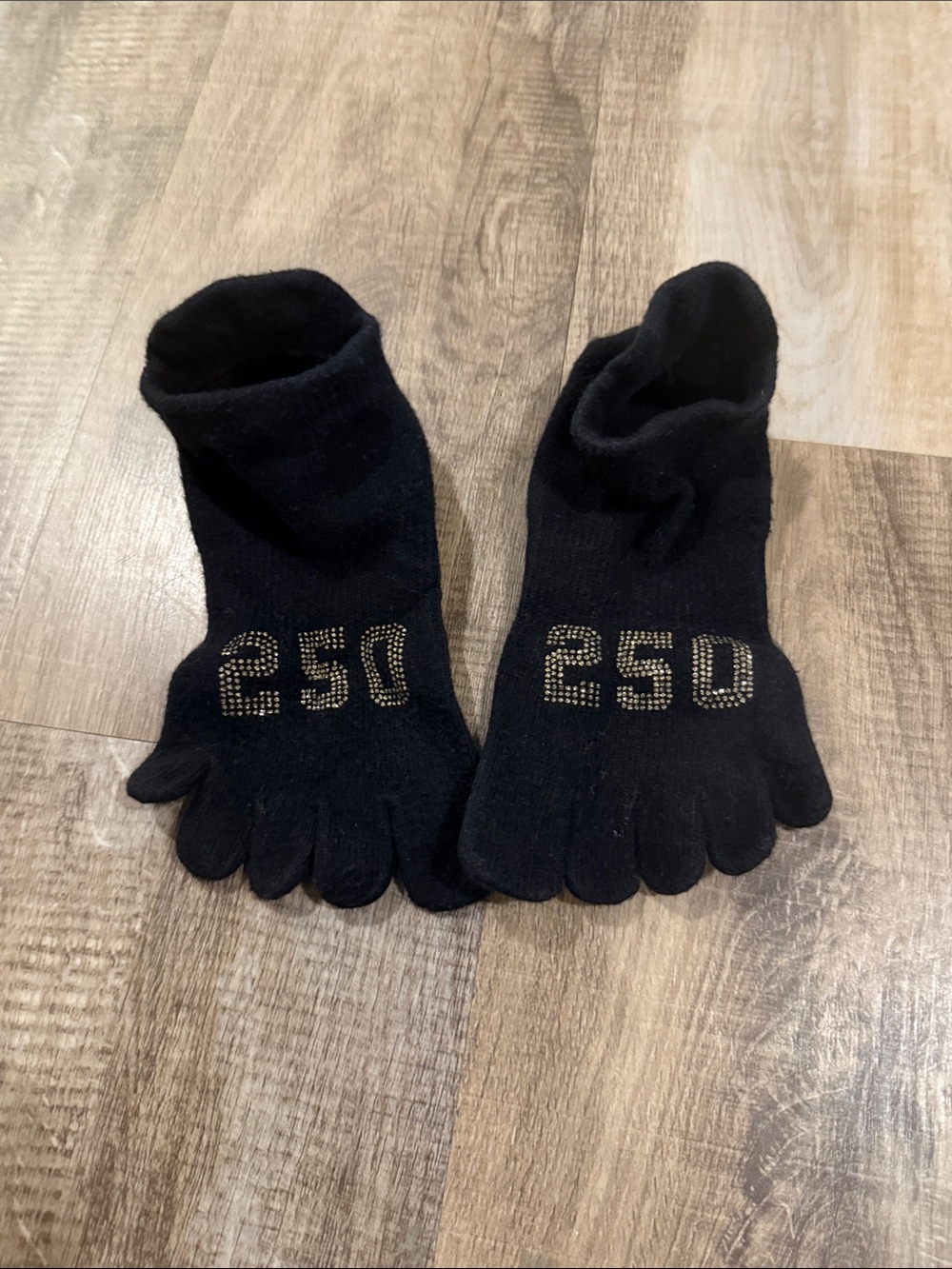 Club Pilates Black Five-Toe Grip Socks with Studded '250' Accent